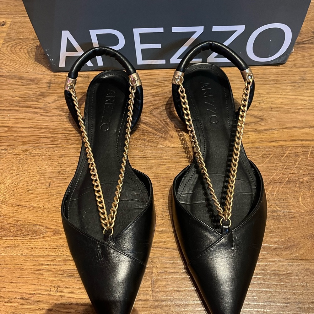 Arezzo Black Leather Heels with Gold Chain